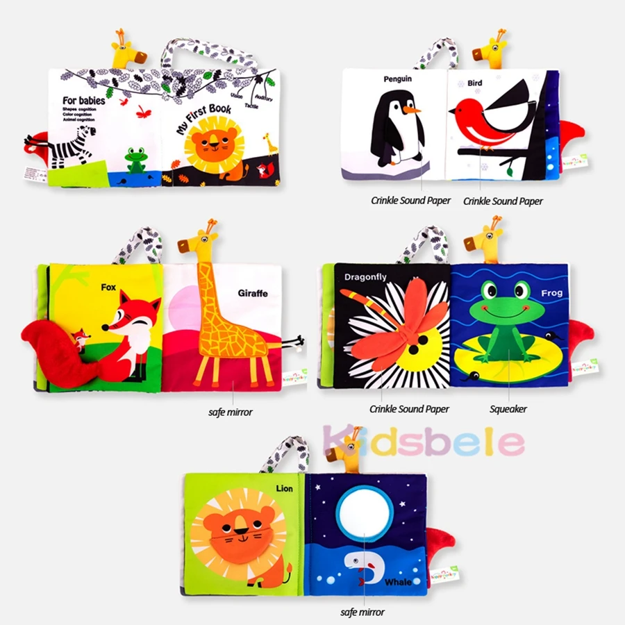 Libro in stoffa morbida per bambini con code di animali, pagine sensoriali increspate Libro di apprendimento ad alto contrasto per neonati, giocattolo da appendere per passeggino/culla