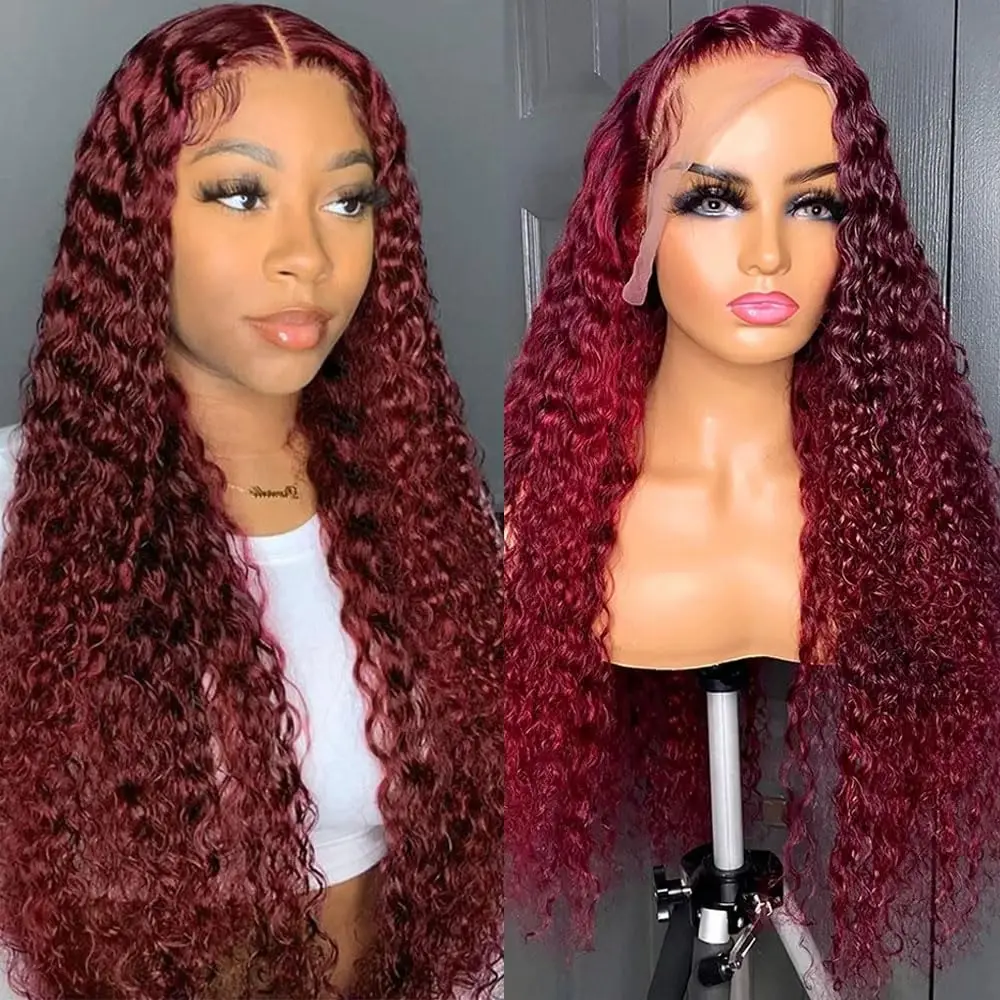 99J Burgundy Deep Wave 13x6 HD Transparent Lace Front Glueless Human Hair Wigs 180 Density Burgundy Deep Curly Wigs Pre Plucked