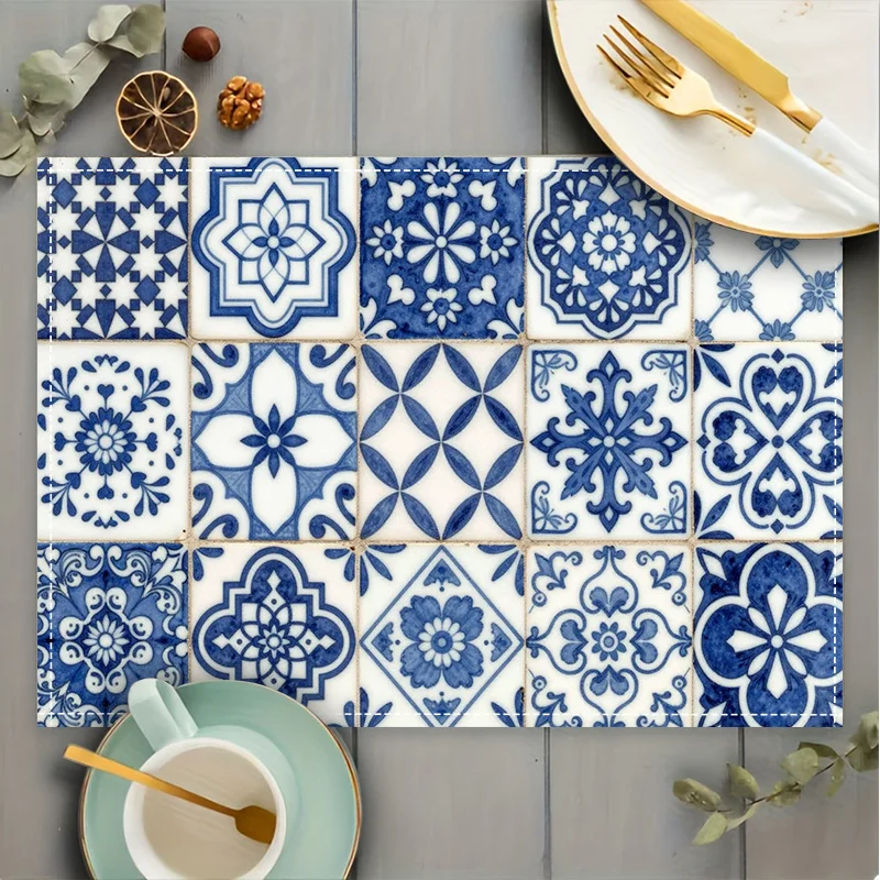 Portuguese Tile Placemat Blue White Azulejos Pattern Dining Table Mat Heat Resistant Kitchen Decor Party Tableware Set of 4
