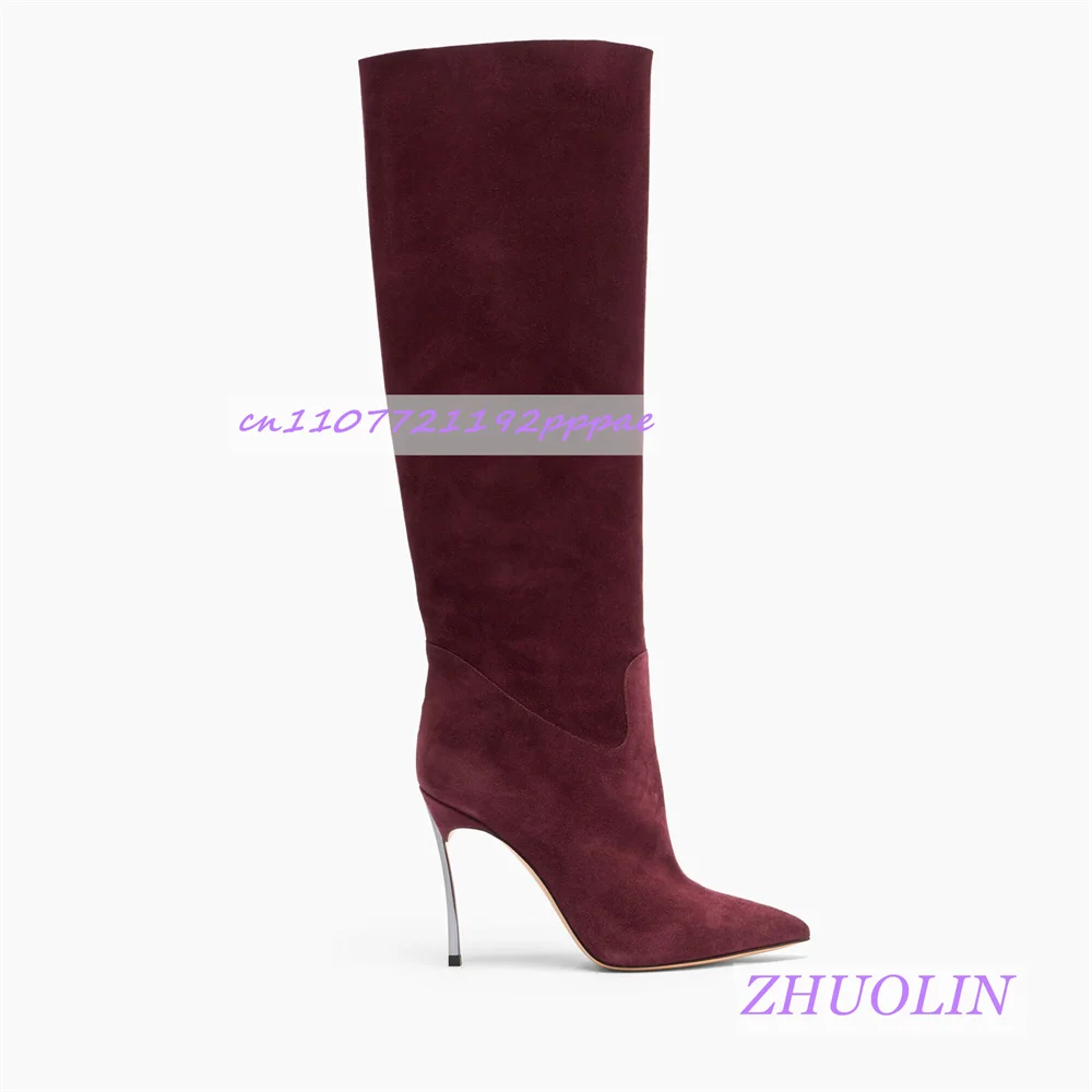 

Spring Burgundy Suede Metallic Heel Knee-High Boots Women'S Pointed Toe Patchwork Side Zipper Long Boots Elegant Casual Boots 46