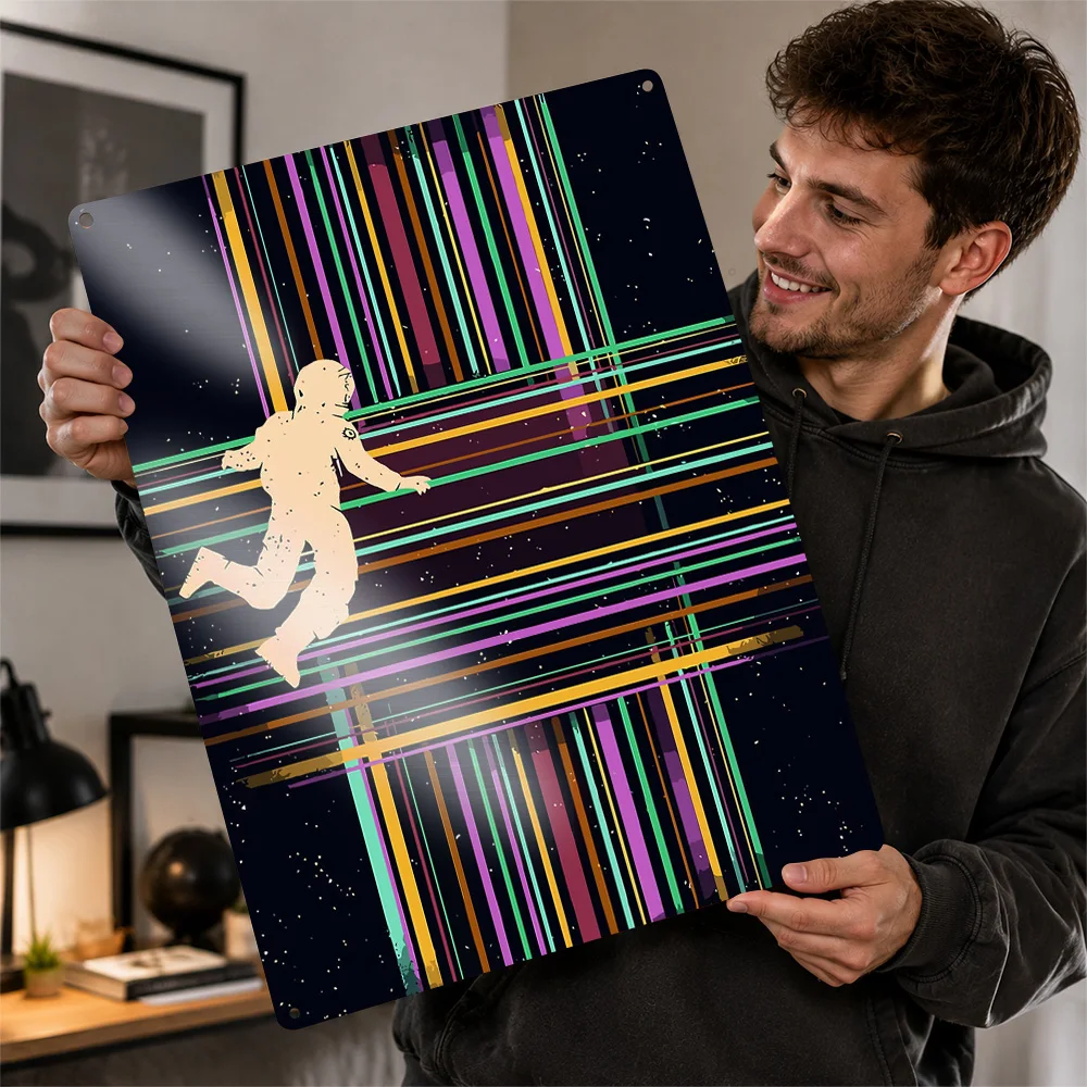 Astronaut Among Radiant Lines Textured Metal Poster Retro Graphic Wall Art For Bedroom Personalized Aluminum Sign Stargazer Gift