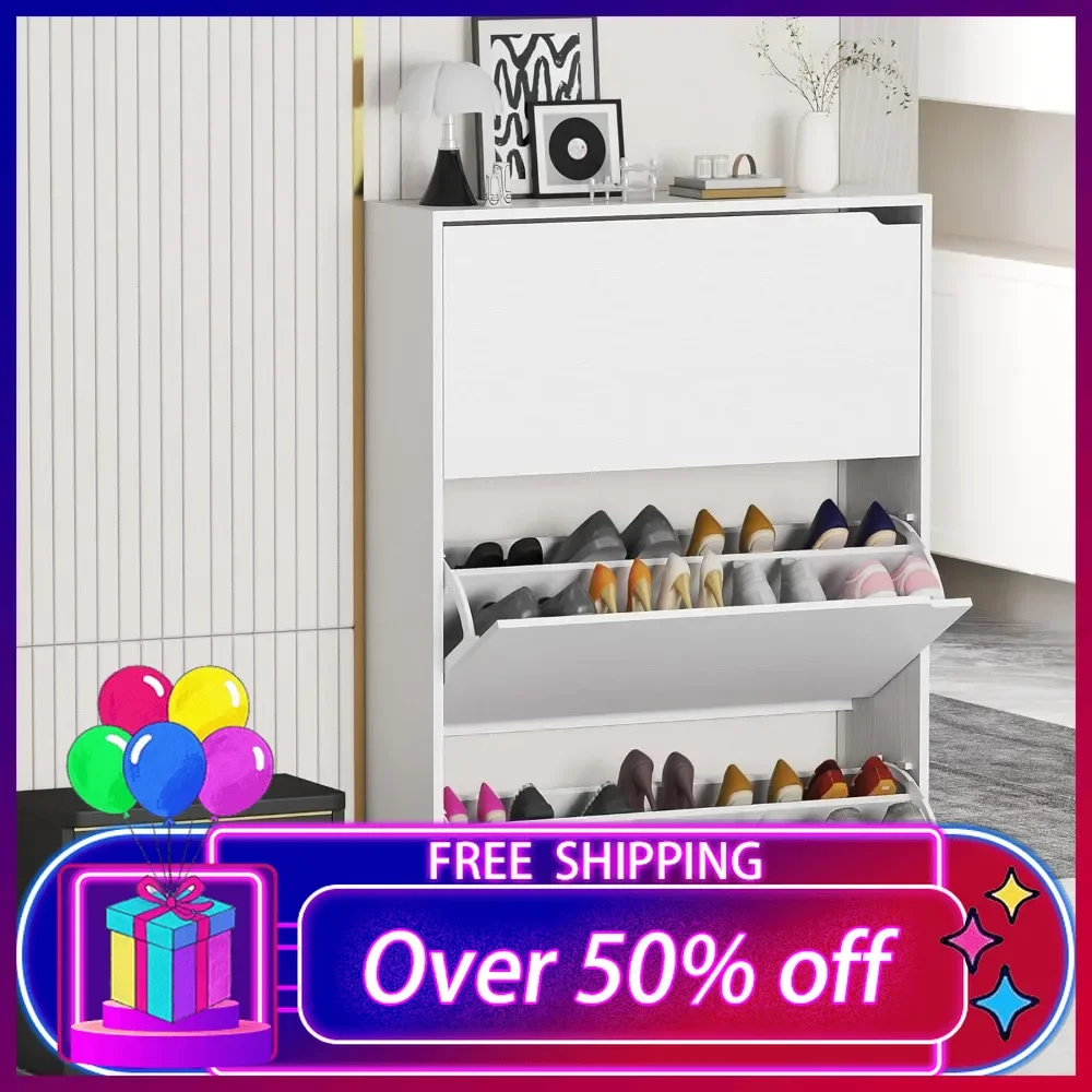 Shoe Cabinet Storage,Shoes Cabinet Storage with 3 Flip Drawers for Entryway Slim Space,3 Tier White Shoe Cabinets Wood Shoe Rack