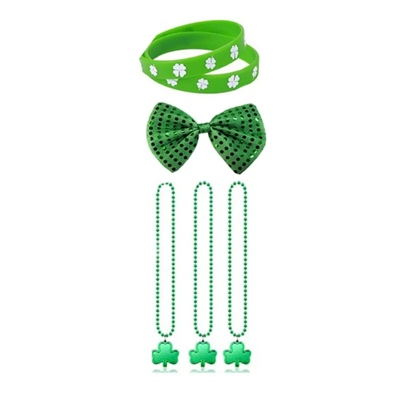 Vintage St Patricks Day Flat Top Hat with Glasses Delicate Bangles&Beads Necklace Set Festival Party Ladies Props M6CD