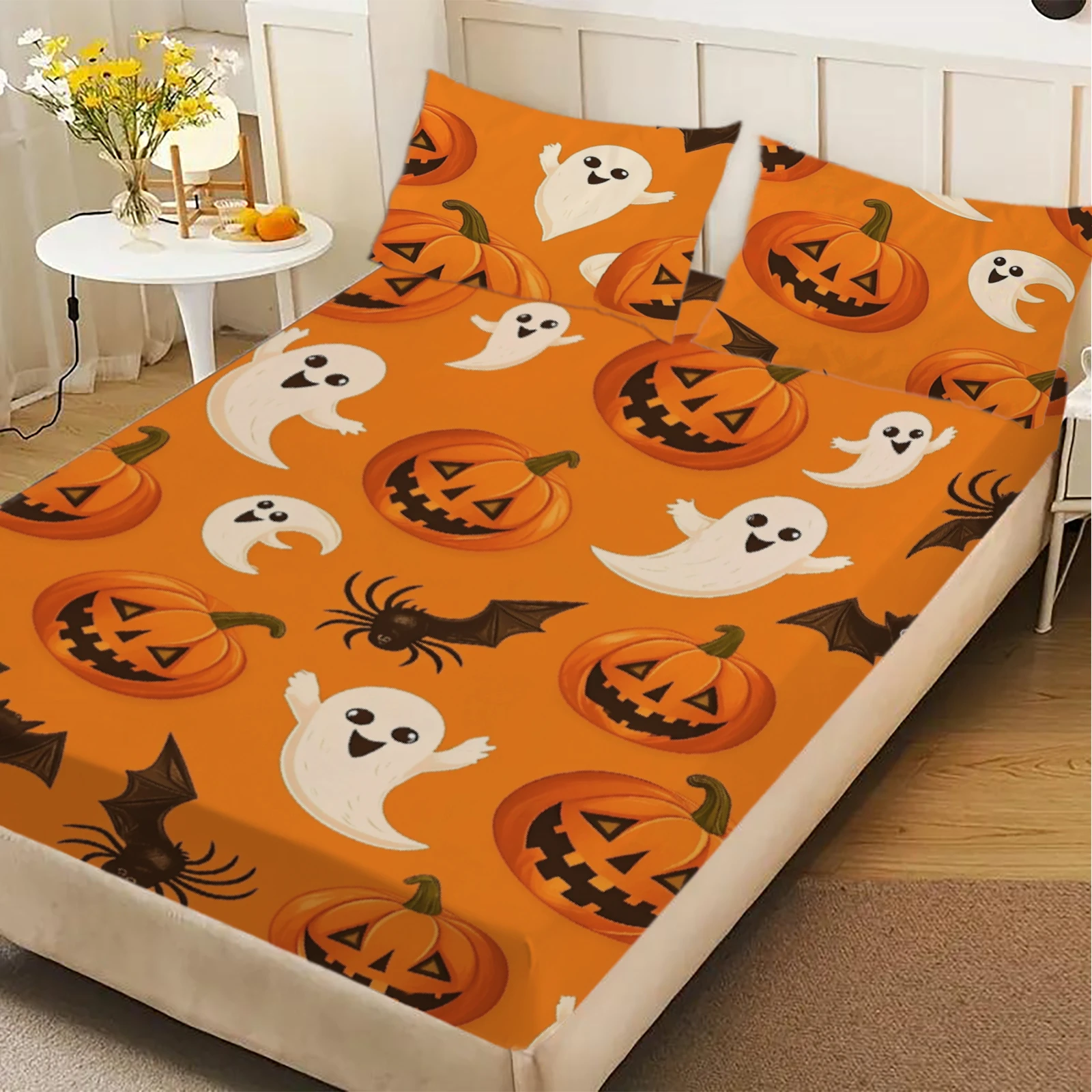 1pcs Halloween Pumpkin Bat Spider Sheet Deep Pocket Elastic Mattress Cover Single Double Queen King Comfortable Bedroom Decor
