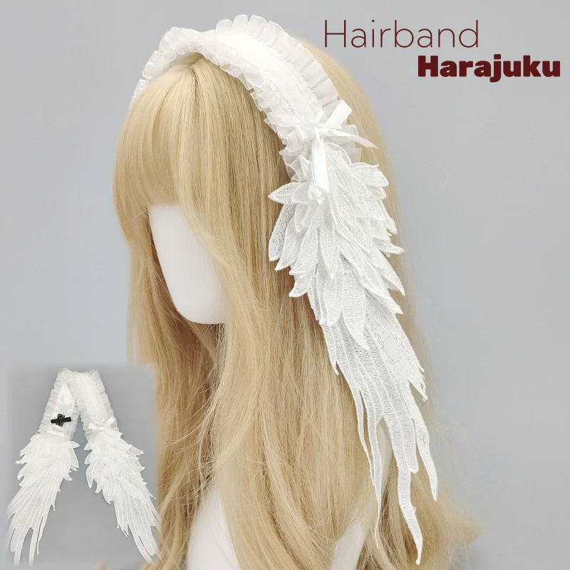 Dark Gothic Lolita Angel Feather Wings Hairband Black White Lace Trimmed Harajuku Headpiece Wing Hair Accessories for Cosplay