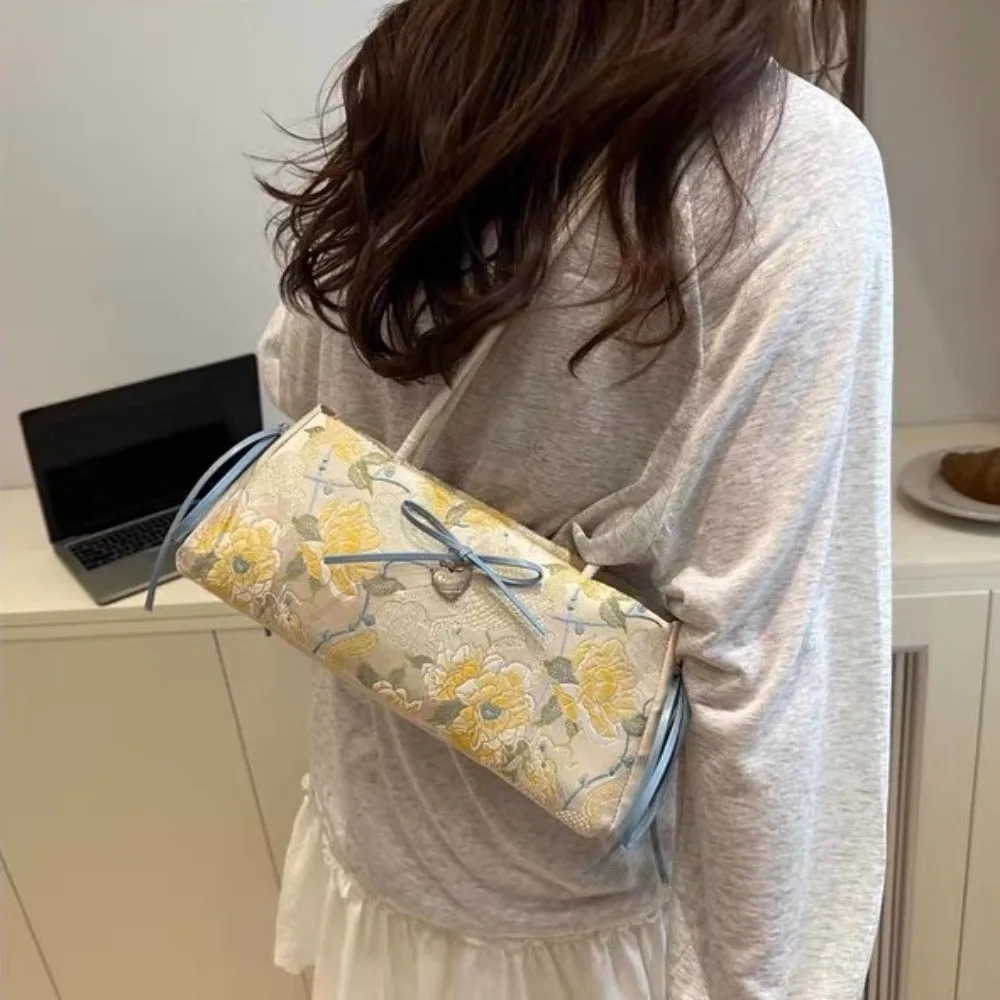 

Shopping Flower French Stick Handbag Chinese Style Ribbon Bow Shoulder Bag Cloth Large Capacity Underarm Bags Work