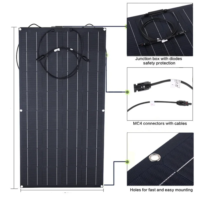 300W 600W Panel słoneczny ETFE elastyczny Panel solarny monokrystaliczny DIY kabel samochód RV wodoodporny akumulator System zasilania