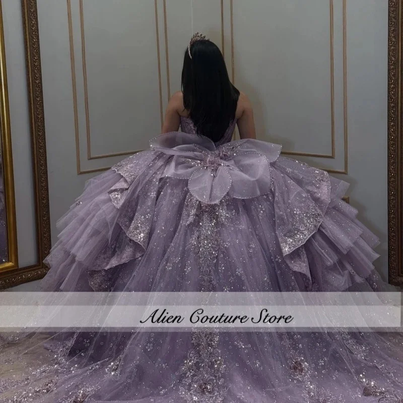 Lavender Shiny Quinceanera Dresses Ball Gown Applique Lace Beading Crystal Bow Tull Sweet 16 Dress Vestidos  Customized