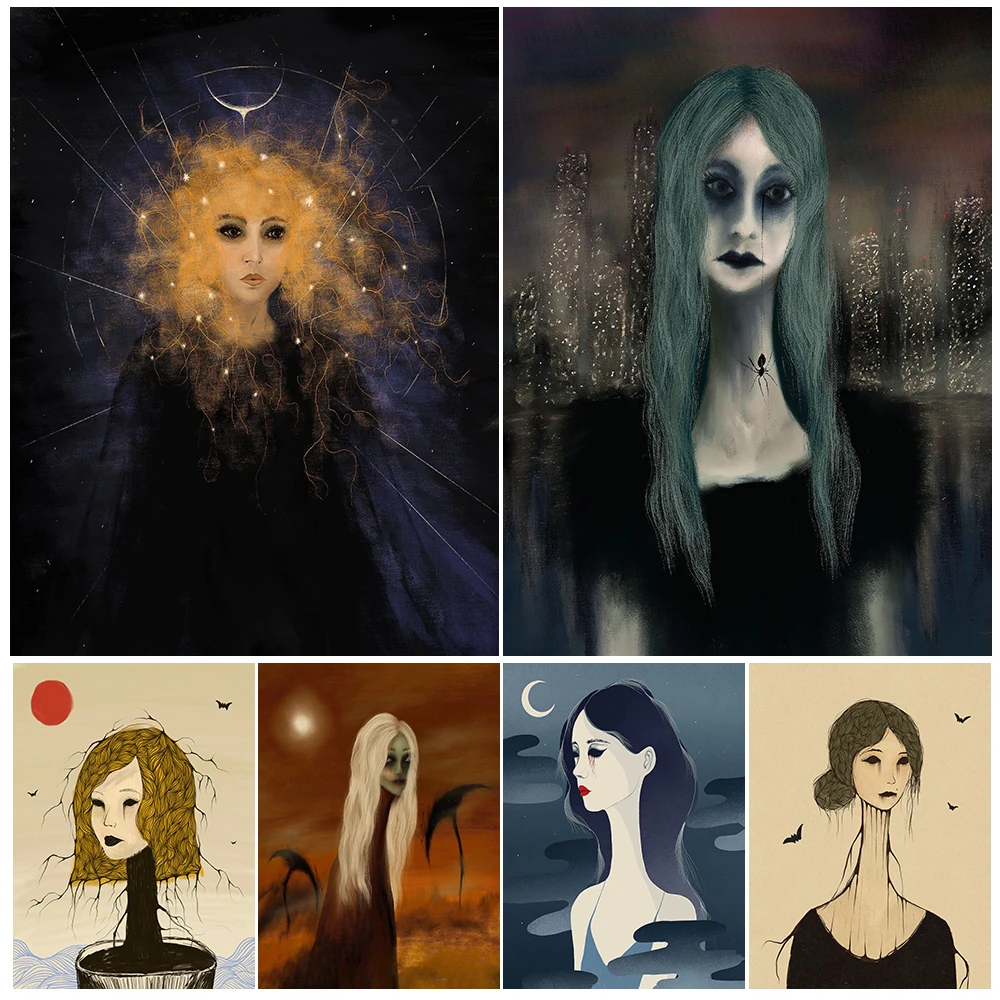 مخيف الموسم شبح فتاة Vintage الرسم على لوحات القماش الجدارية الساحرة سريالية الرعب القوطية التوضيح ملصق فني طباعة ديكور المنزل