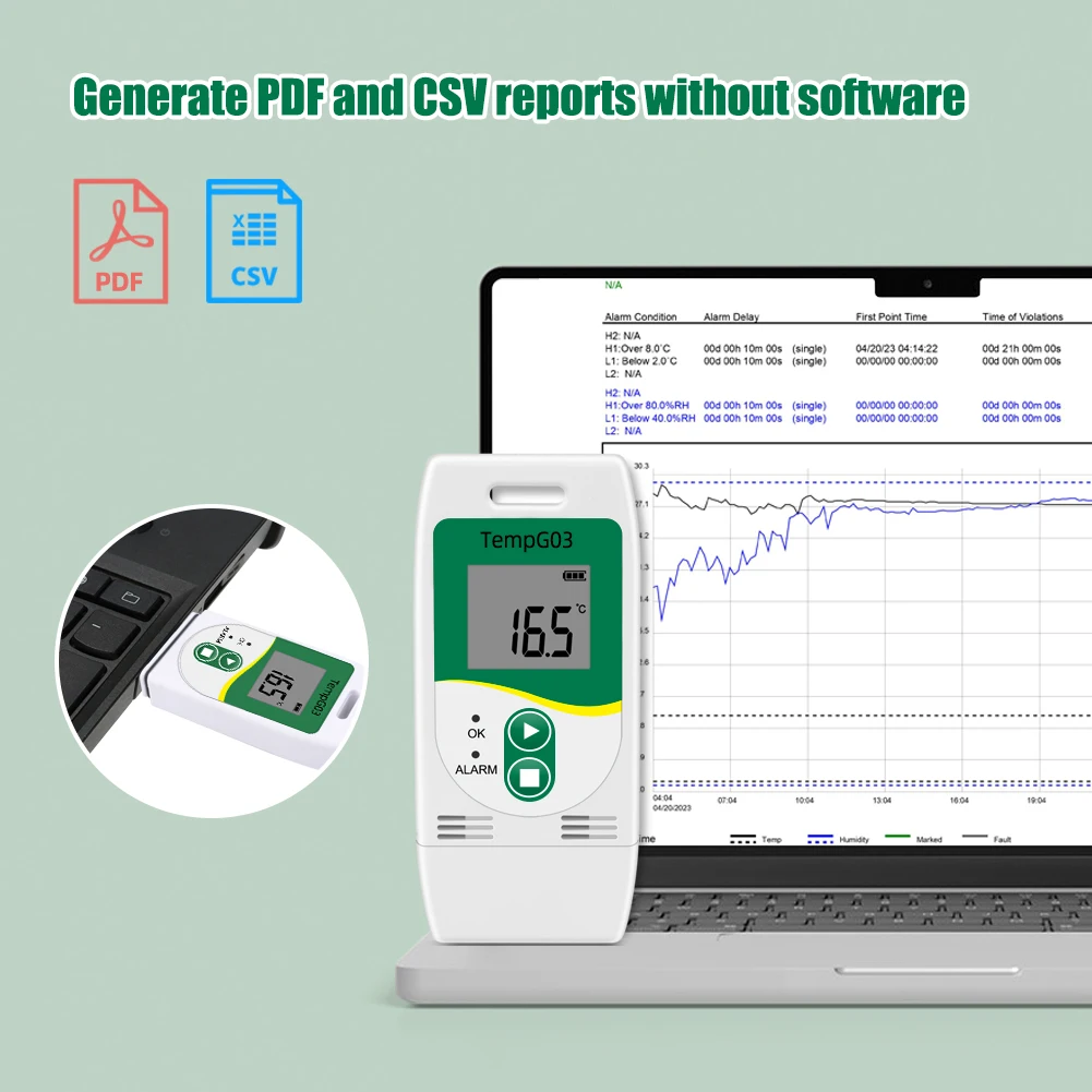 الرقمية USB درجة الحرارة الرطوبة مسجل بيانات ميزان الحرارة الرطوبة مسجل درجة الحرارة ℃ / ℉   جهاز اختبار RH يشارك PDF/CSV لسلسلة تبريد المختبر