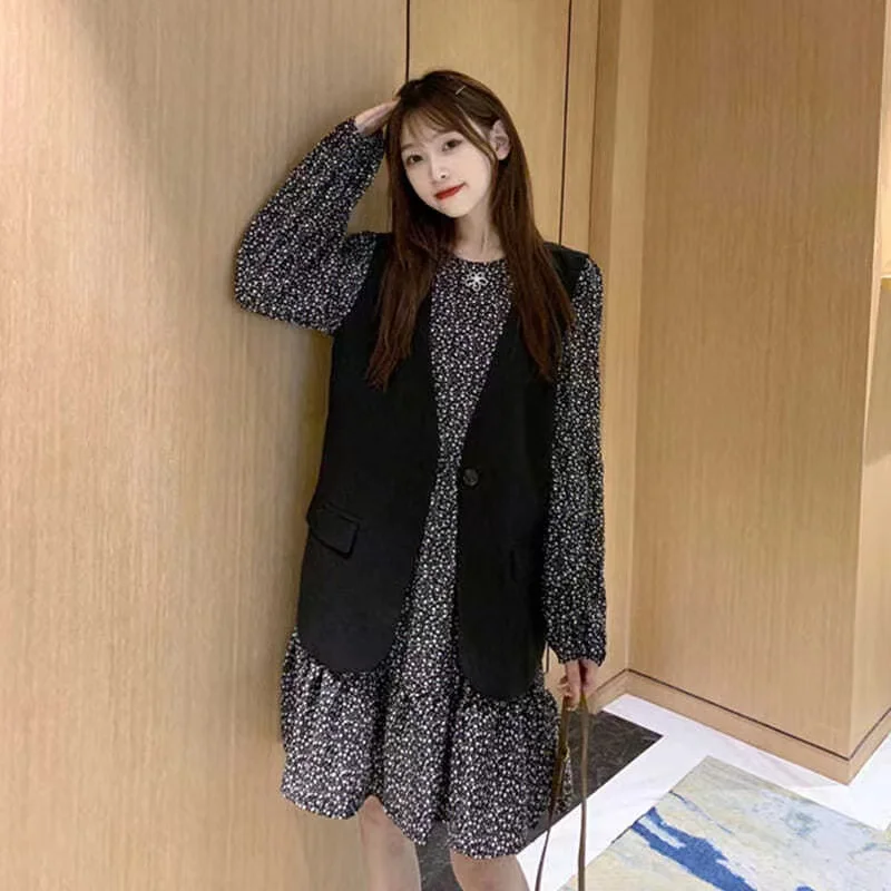 Big Size Women Dress +Vest Set Clothing Loose Long Sleeve Dresses Lady Autumn Spring Oversize Female Flower Dress Girls Clothes