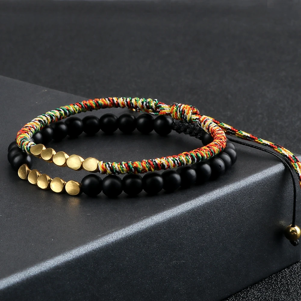 2pcs/set Lucky Braided Thread Bracelet For Women Men Handmade Tibetan Buddhist Copper Beads Bracelets Couples Charm Jewelry Gift