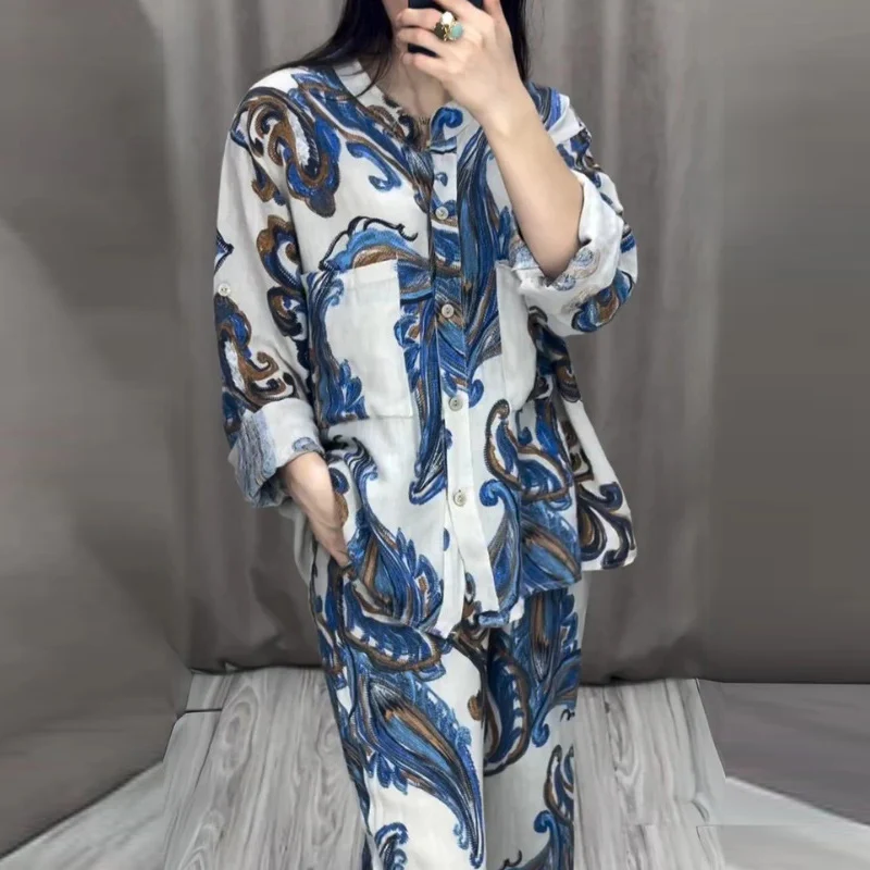 

Elegant Women Outfit Retro Pattern Print Long Sleeve Shirt+Wide Leg Pant Suit Casual Loose Irregular Single Breasted Top 2pc Set