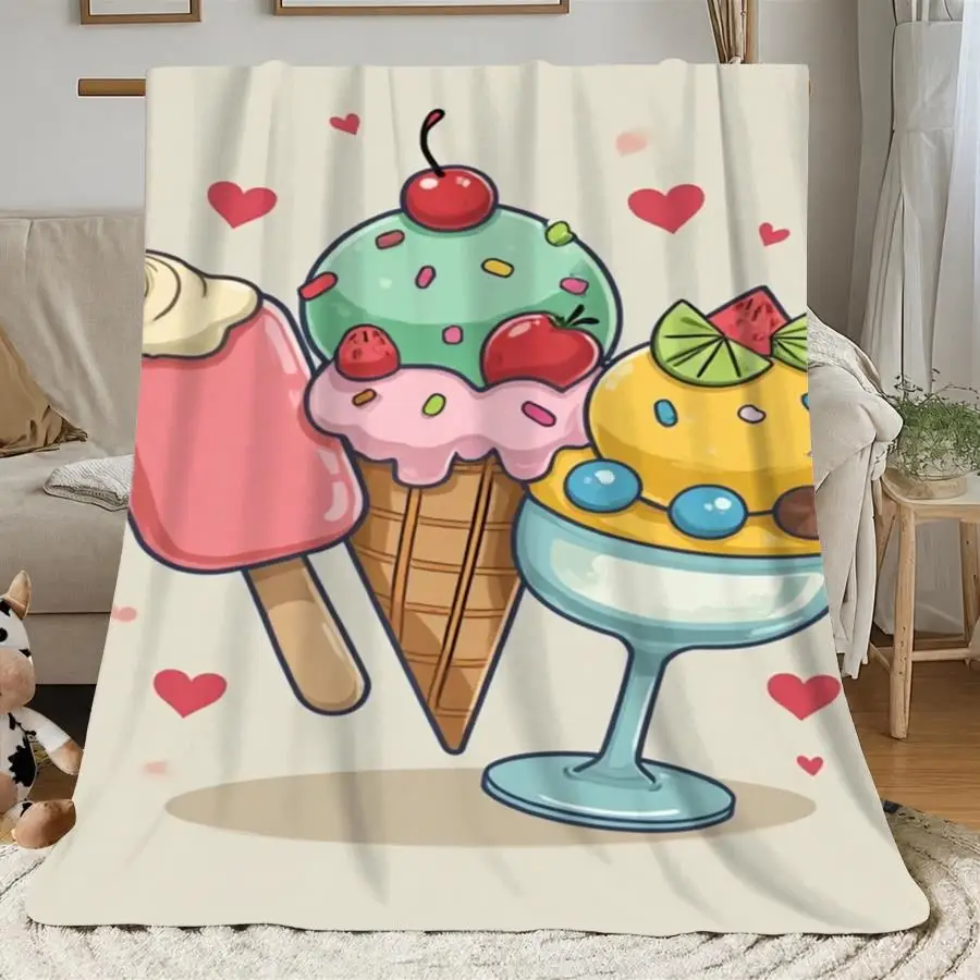 1pc Warm And Comfortable Premium Flannel Blanket with Whimsical Colorful Ice Cream And Heart Pattern, Decorative Gift Throw Suitable for All Seasons 280GSM Perfect As Home Decoration & Holiday Gift Choice