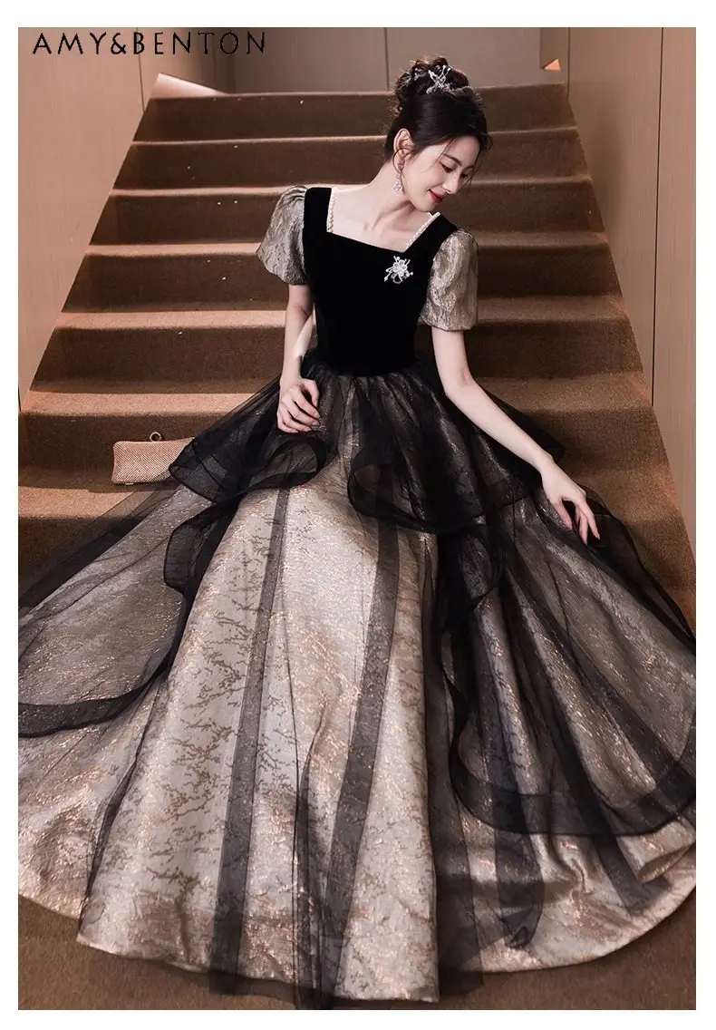 

Новое женское вечернее платье 2025 года: черное с золотом, приталенное, с высокой талией, длинным рукавом, для банкетов, торжеств, выступлений, в стиле принцессы