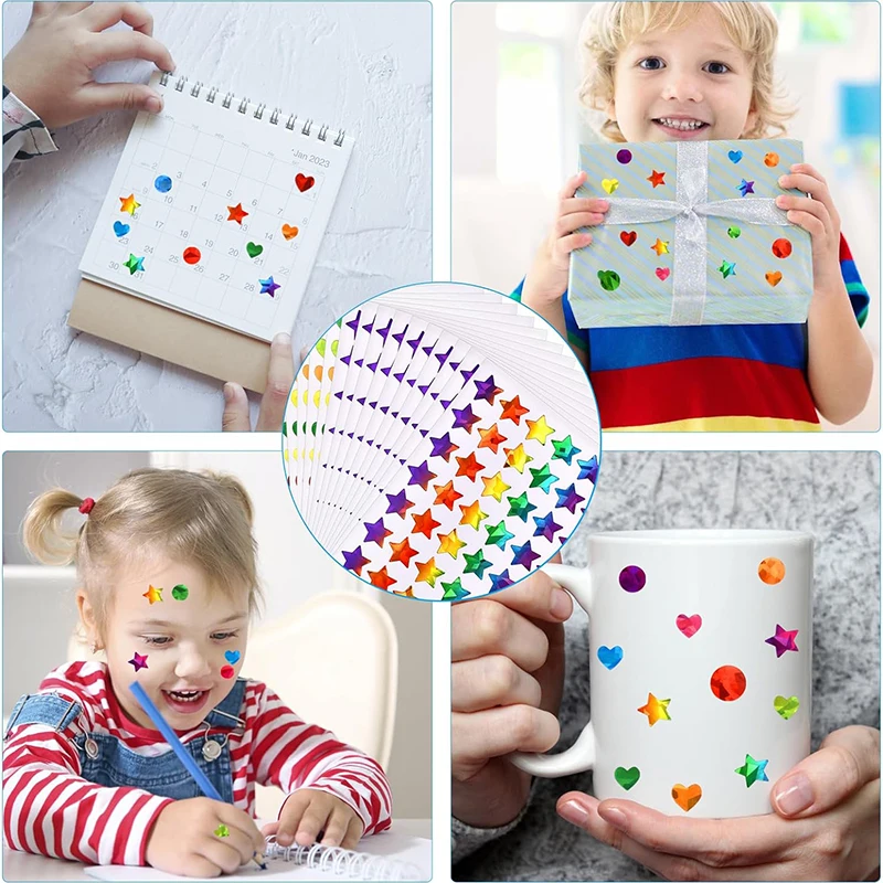 Small Stars Dot Hearts Stickers for Kids Reward Sparkly Holographic Glitter Foil Stickers Behavior Reward Chart DIY Decoration