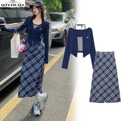 Spring and Autumn Korean New Fashion Academy Style Versatile Slim Fit Top Plaid+Half Skirt Two Piece Set