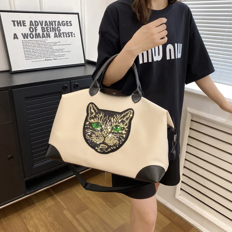 

Embroidered Cat Head Women's Travel Bags Waterproof Oxford cloth luggage handbag Men's fashion shoulder crossbody Duffle bag