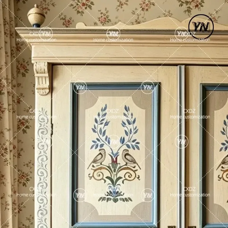 French Retro Solid Wood Painted Wardrobe Antique Edge Cabinet Master Bedroom Locker Hand Painted Decorative Storage Furniture