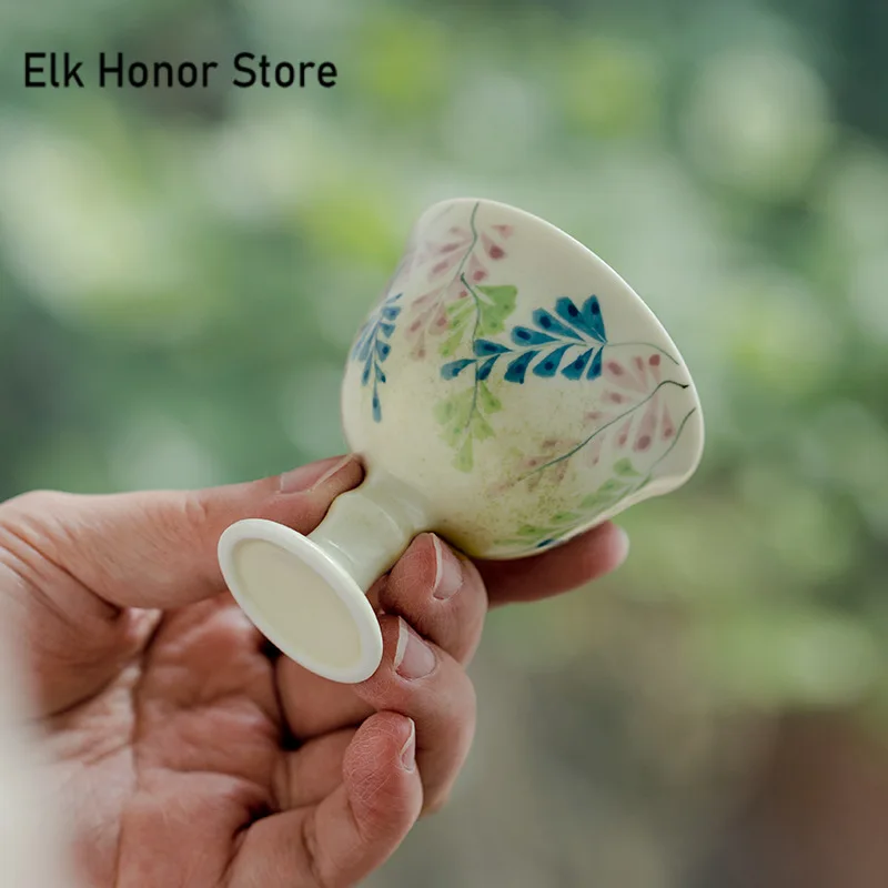 2pc/set Pure Hand-painted Wisteria Art High Foot Cup Aesthetic Teacup Personal Cup Goblet Household Teaware Supplies Craft 40ml