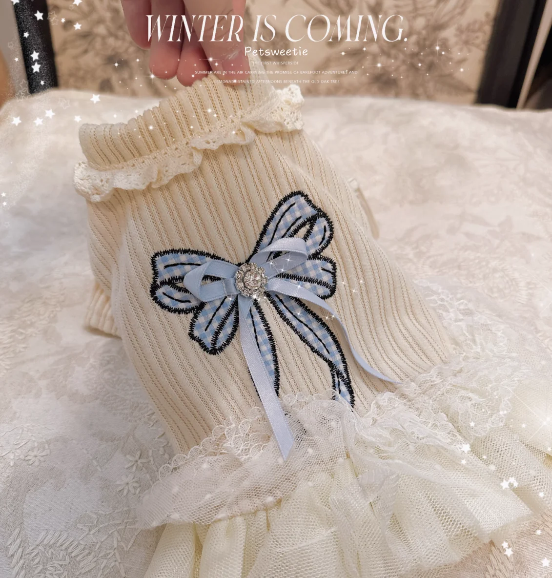 

Warm Cozy Pet Dress with Cute Blue Bow & Jewel Design, Fashion Dog Clothes for Maltese, Bichon, Chihuahua & Small Breeds