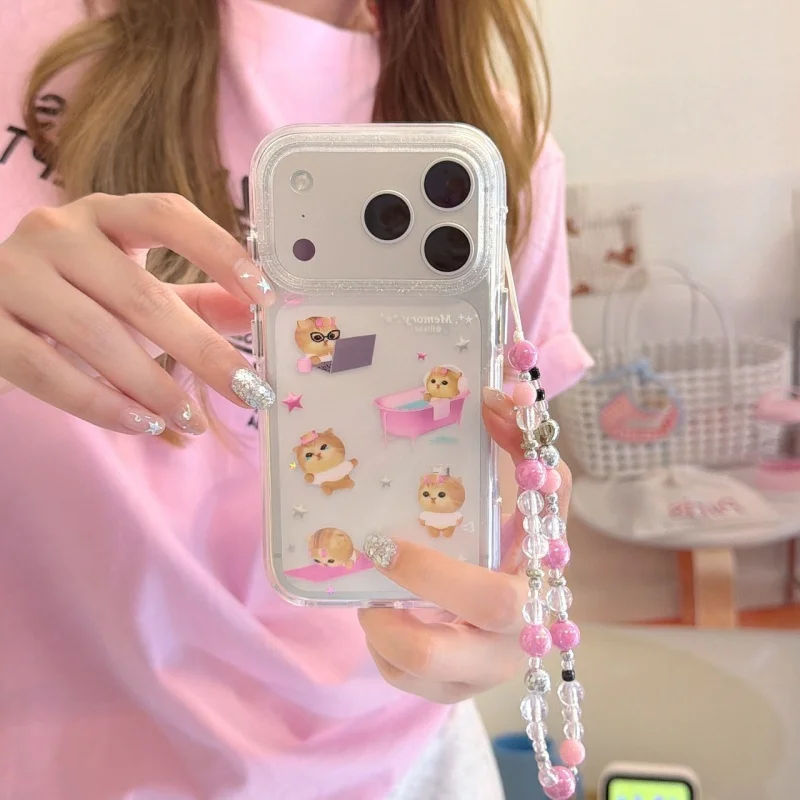 

Funny Cute Cartoon Cat Phone Case For iPhone 17 Pro 16 15 13 14 Pro Max Cover with Chain Shockproof Protective Cases For iPhone