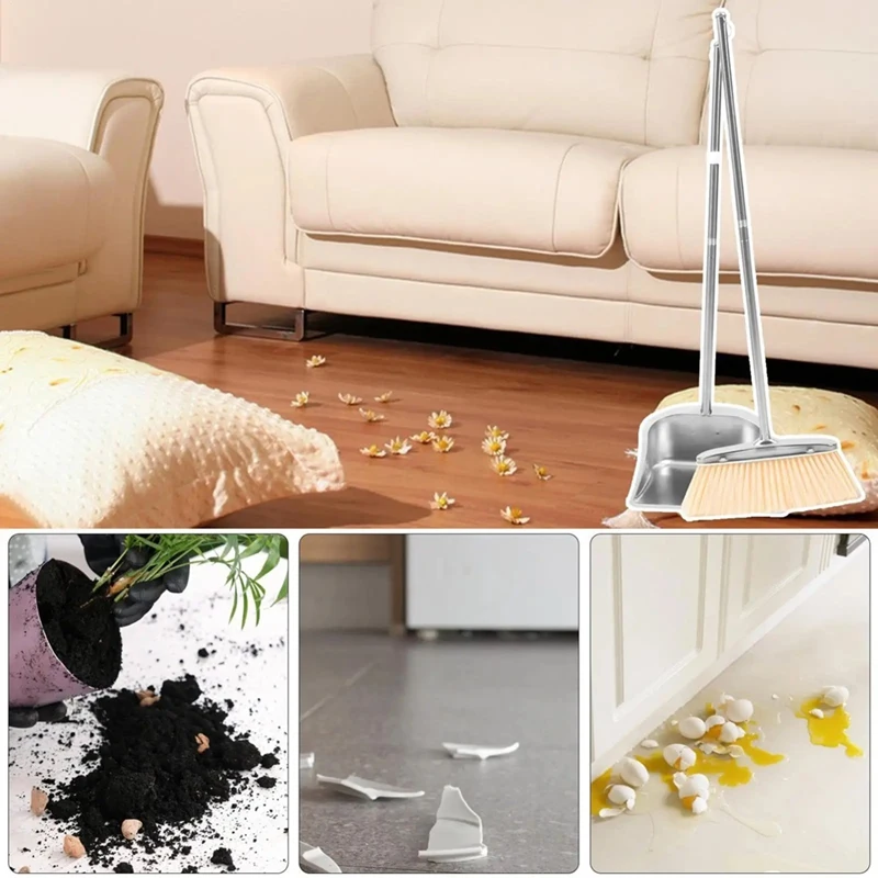Vassoura com pá conjunto combinado alça longa pá de aço inoxidável ferramenta limpeza piso para proprietários casa sala estar quarto-A27R