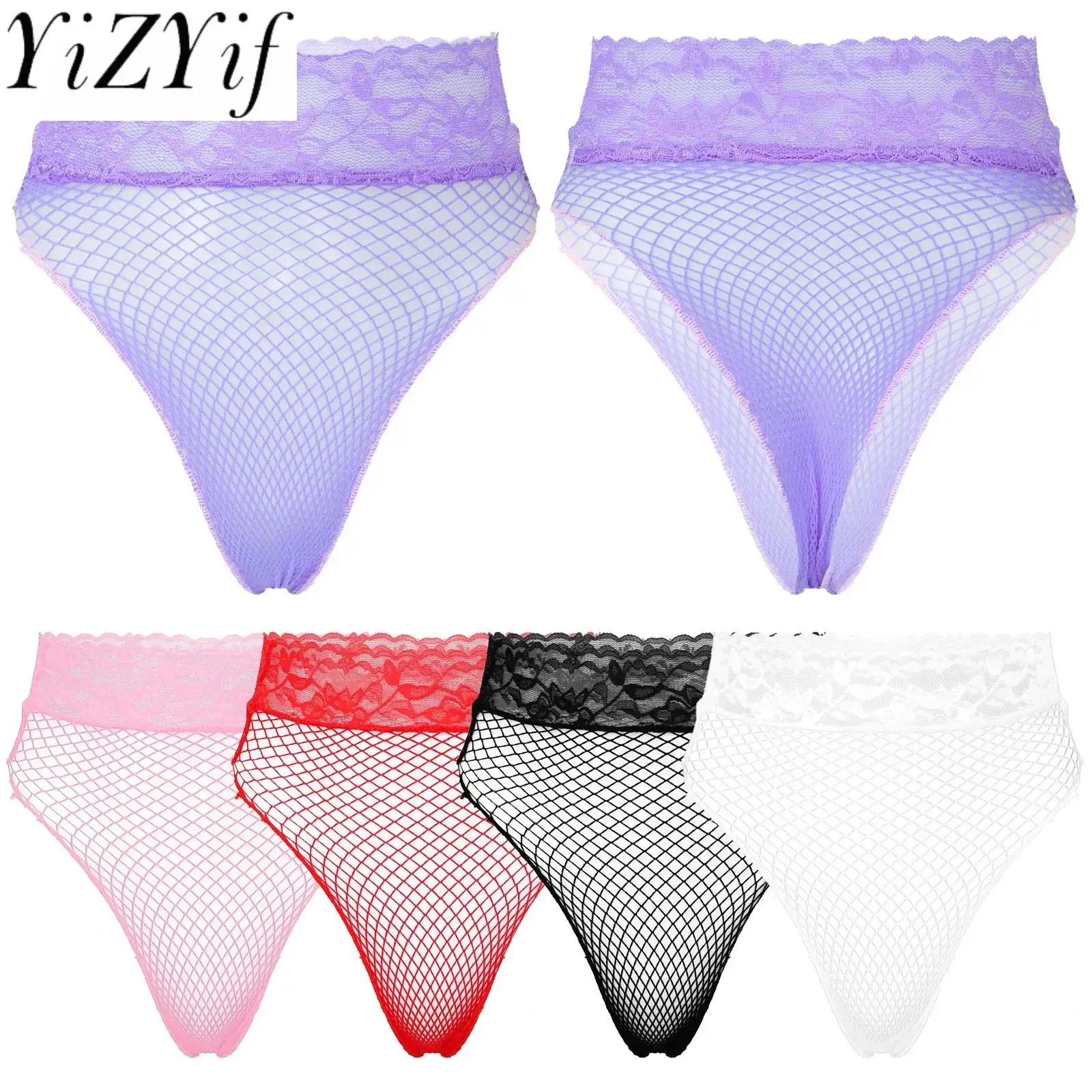 

Womens Sexy Lingerie Fishnet Panties See-through Mesh Briefs Lace Waistband Hight Waist Hollow Out Erotic Underpants Underwear