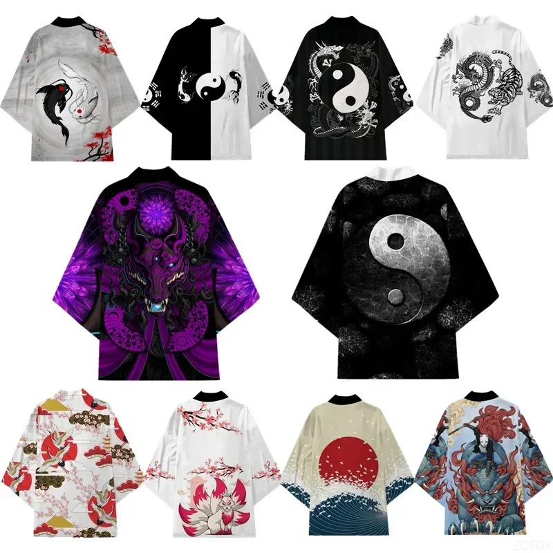 Tao Kimono Men Yin Yang Tai Chi Fox Koi Dragon Tiger Japanese 3D Printed Lightweight Short Sleeve Trendy Stylish Comfy Guardian