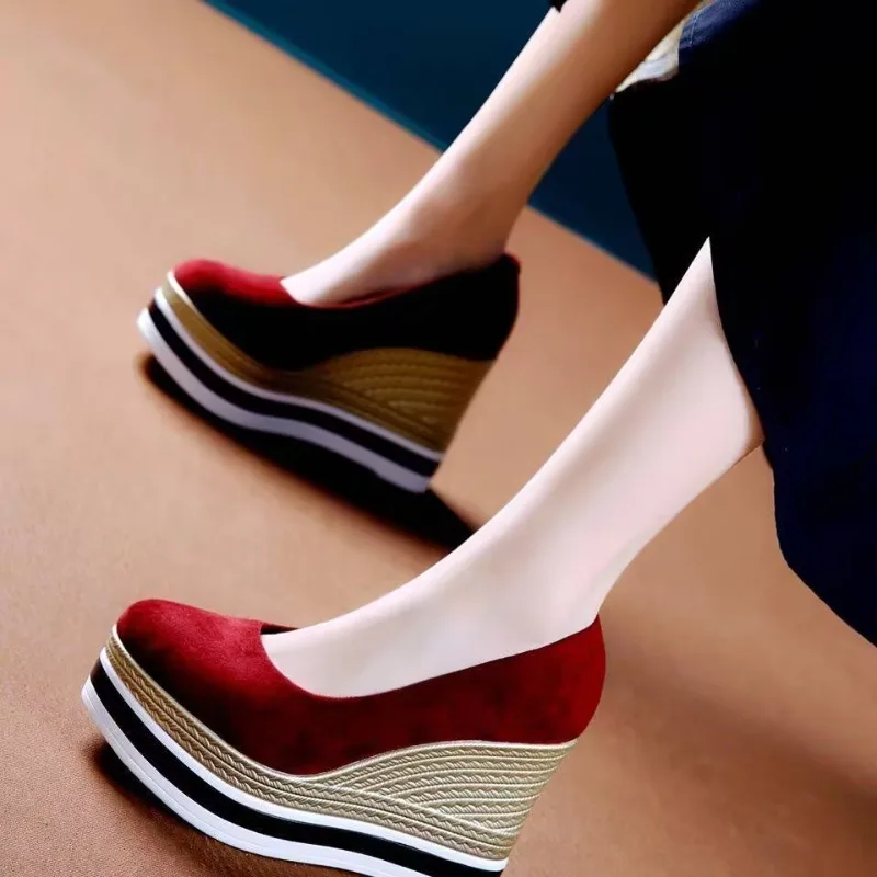 

Slope with single shoes female spring new muffin shoes thick bottom suede comfortable shallow mouth not tired high heels