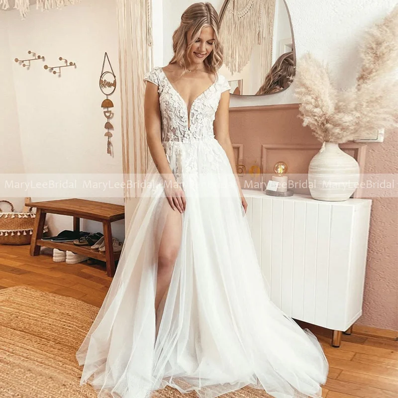 

Appliques Bohemian Tulle Wedding Dresses Cap Sleeves V-neck Sexy High Slit Beach Bridal Dress 2023 Elegant White Wedding Gowns