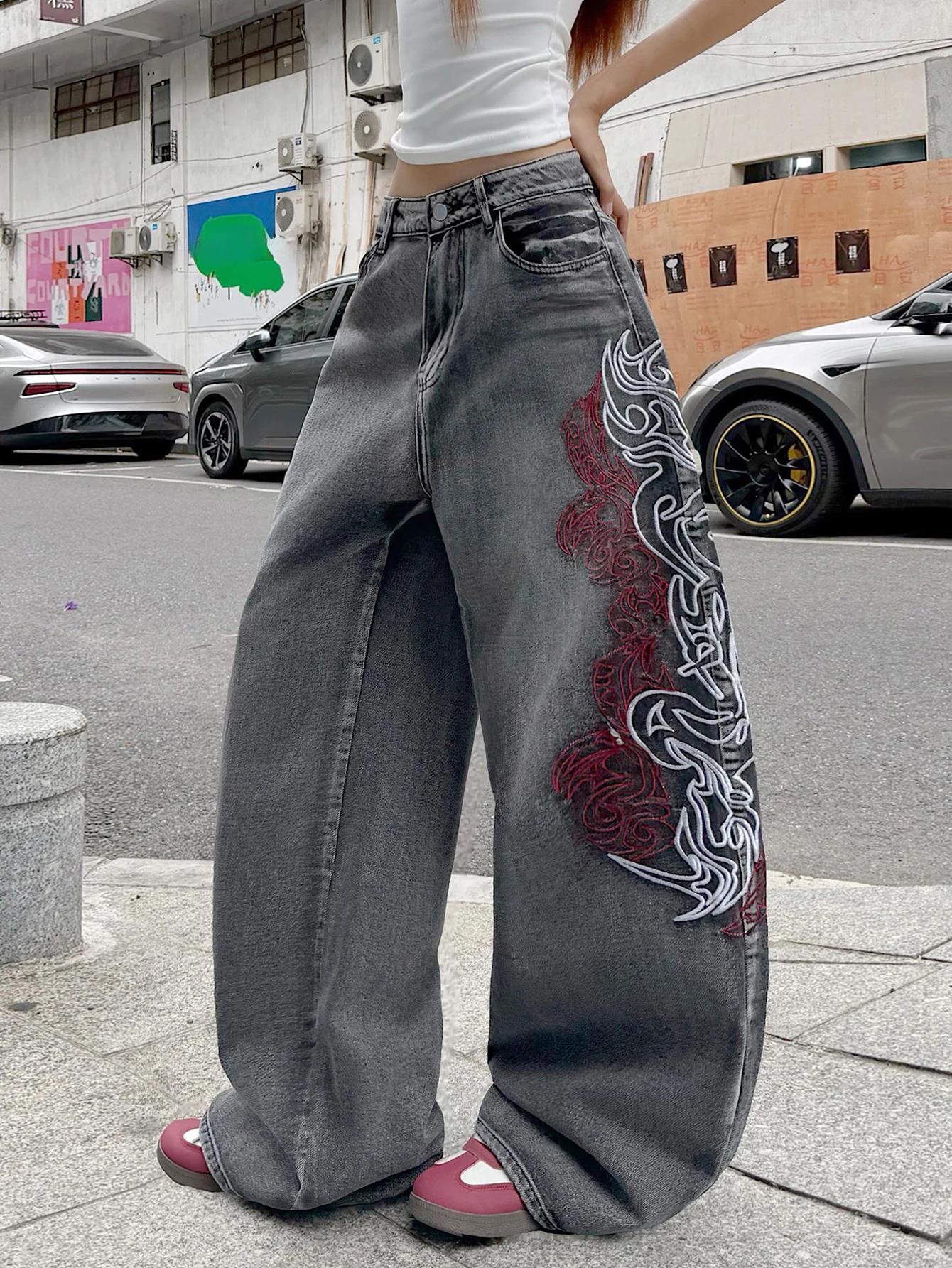 European And American Wide Leg Denim Pants With Dragon Pattern Flame Contrasting Embroidery Y2K High Waisted Gray Black Jeans
