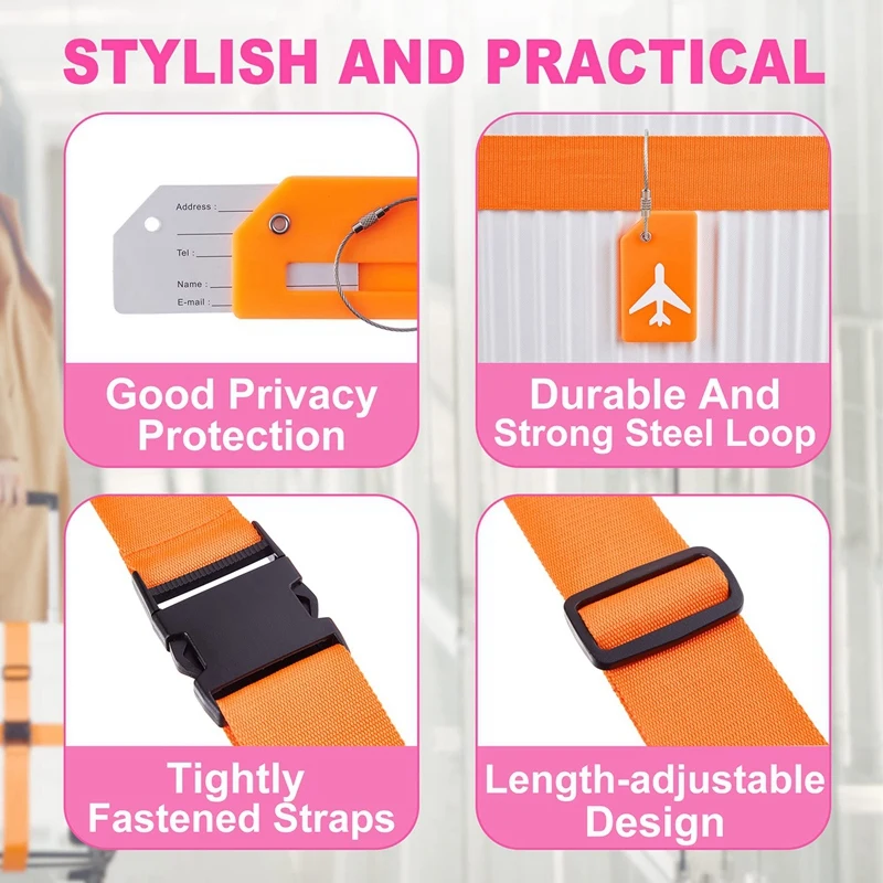8 عبوات من أحزمة الأمتعة وأحزمة الأمتعة المصنوعة من السيليكون وعلامات حقائب السفر وإكسسوارات بديلة للسفر باللون البرتقالي