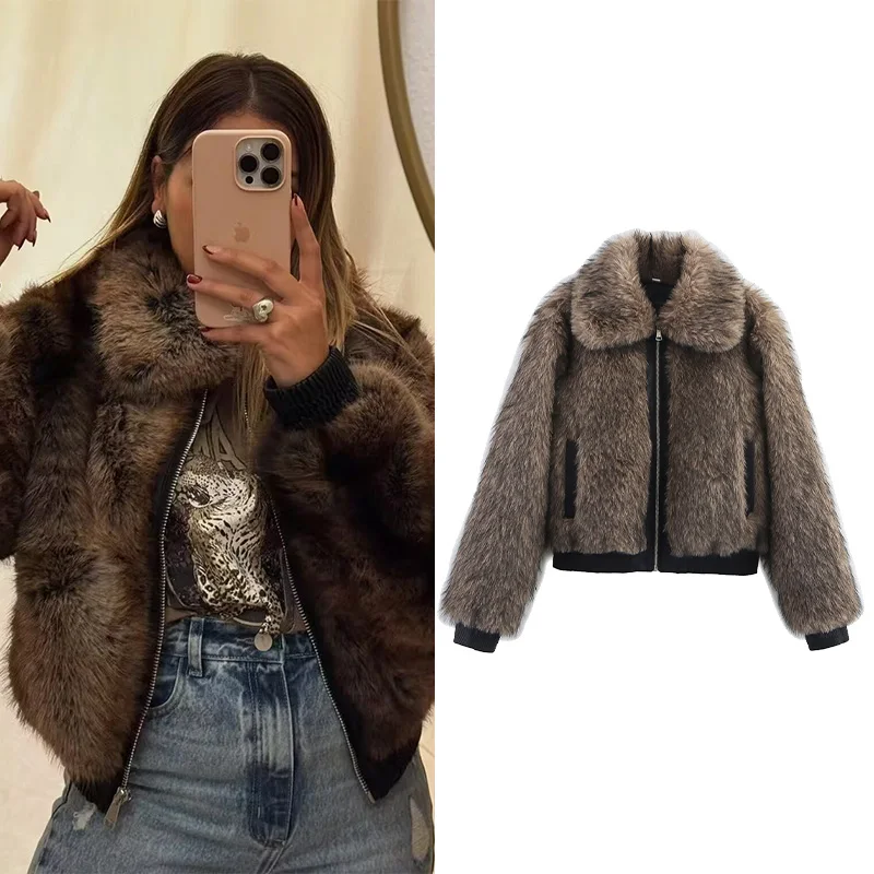 

HipSeam женская куртка из искусственного меха на молнии осенняя повседневная куртка с воротником с лацканами и карманами женские лоскутные модные пальто женские шикарные топы
