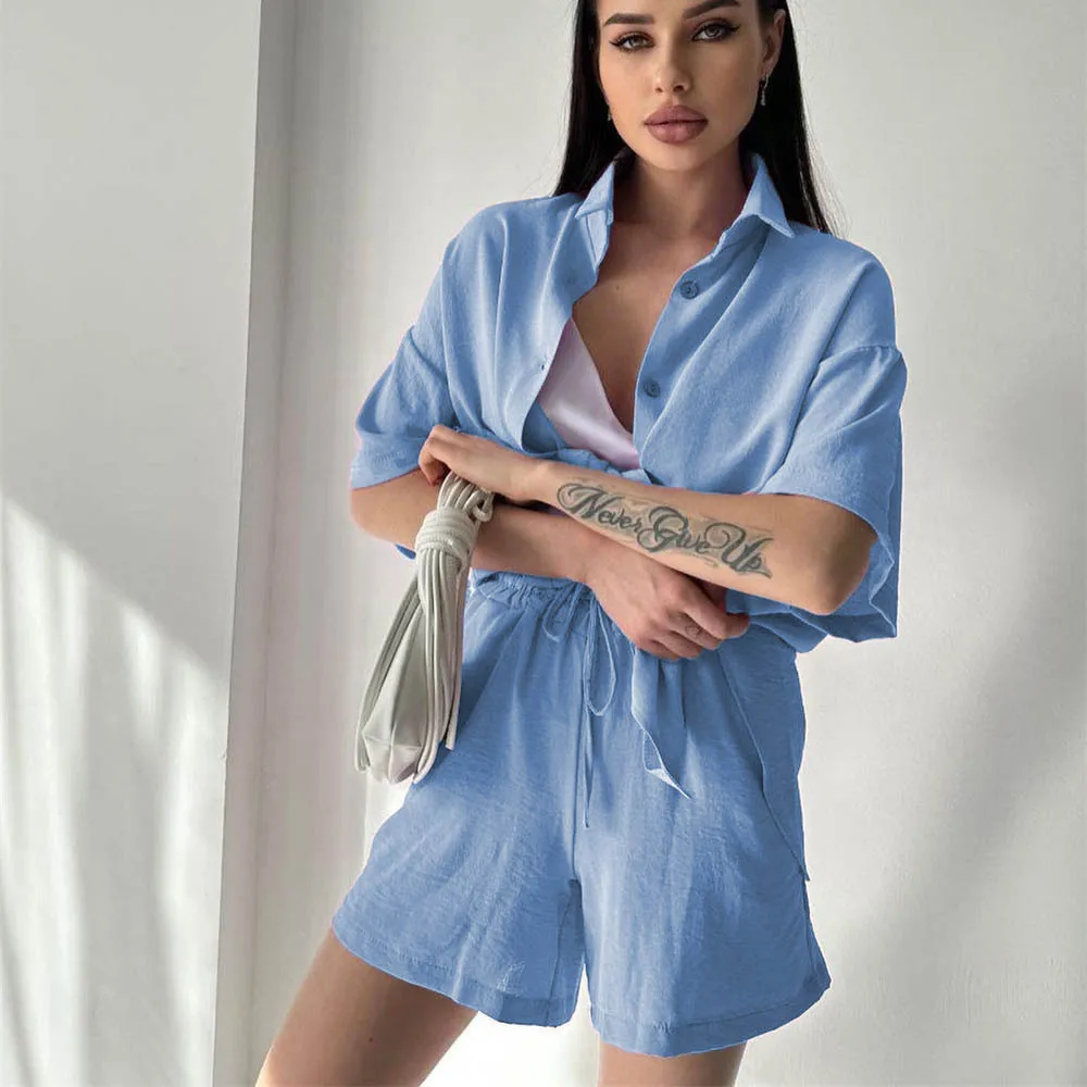 Short Sleeve Shirts Summer Suits Women Clothes Turn Down Collar Single Breasted Tops High Waist Shorts Casual Outfit 2 Piece Set