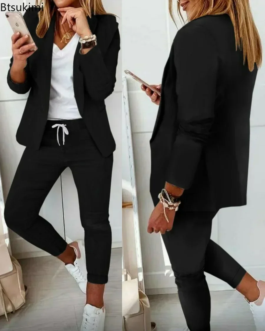 2025 feminino formal duas peças conjuntos de terno de escritório fino blazer e calças com bolso lapela ternos femininos conjuntos de escritório 2 peças agasalho