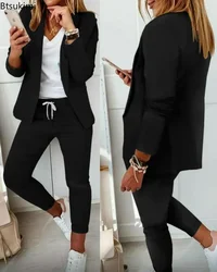 Conjunto Formal de dos piezas para mujer, traje de oficina, Blazer delgado y pantalones con solapa de bolsillo, chándal de 2 piezas, 2024