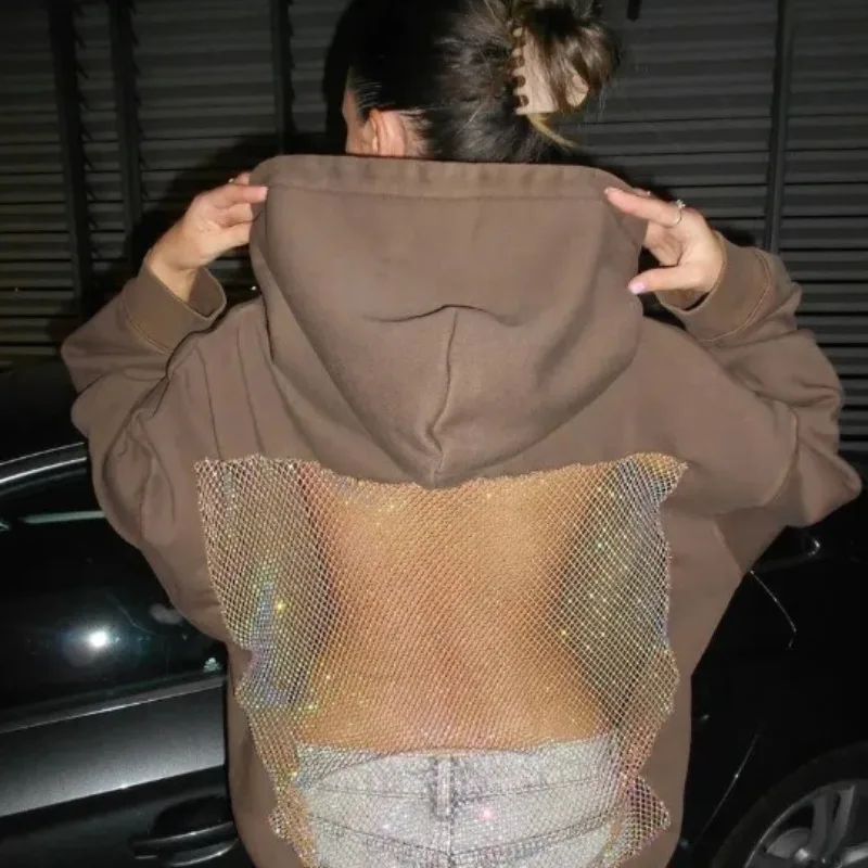 سترة نسائية بغطاء للرأس شبكية شفافة، بلوفر مجوف، خفيف الوزن، بأكمام طويلة لأسلوب الملابس اليومية والشارع #4