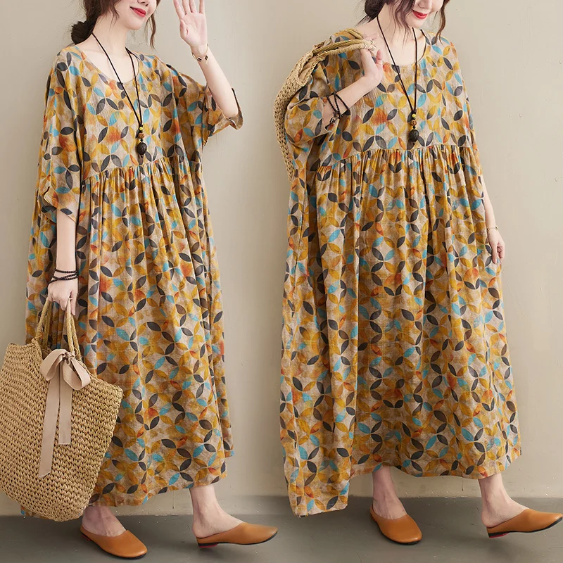 スリムプラスサイズ夏新作ヴィンテージルーズレディースワンピース半袖ロングスカートお腹カバー細見えワンピース