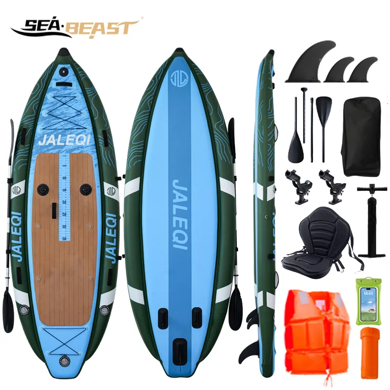 Sea Beast Inflatable Kayak For Fishing Drop Stitch Sup Board 2 seater Canoe Raft With Life Jacket Seat Rod Holder Extra Wide