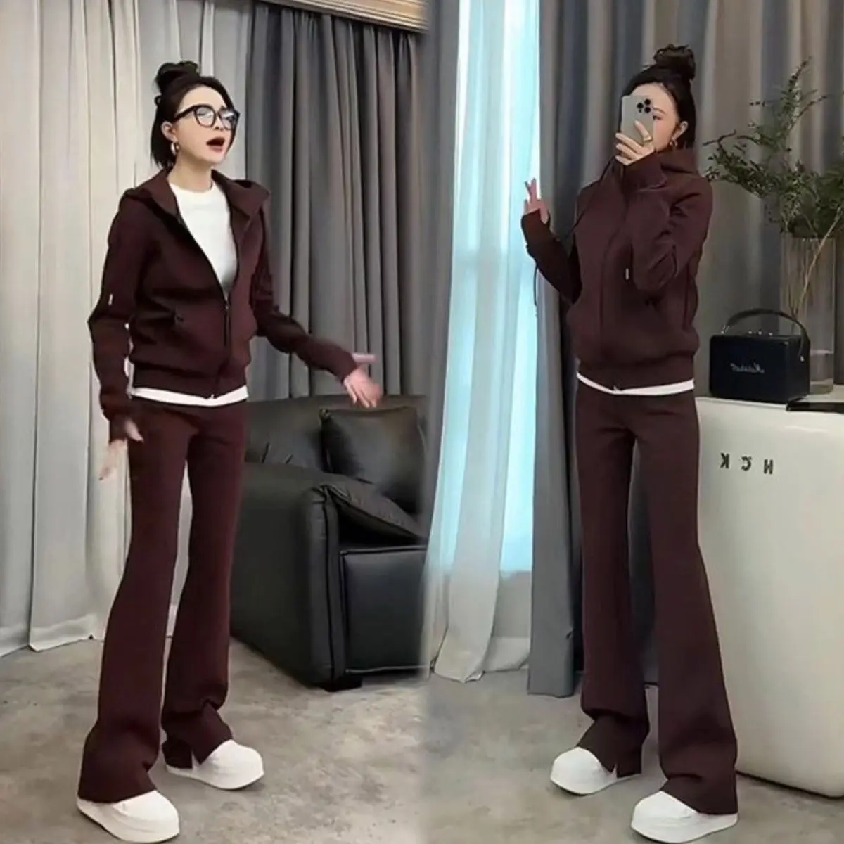 Spring and Autumn Casual Sportswear Set Women\'s Hooded Slimming Jacketstraight Leg Wide Leg Pants Two-piece Set