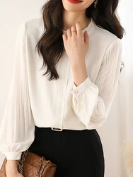 Women's Blouses And Shirts Chic Folds Long Puff Sleeve Fashion Women White Blouse 2024 Simplicity Office Lady Casual Tops Blusas