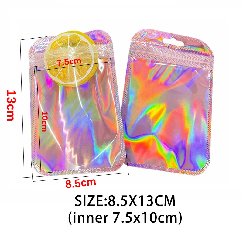 50 stuks iriserende zelfsluitende zakken roze laser plastic zakjes hersluitbare ritssluiting verpakking voor sieraden display retail tassen
