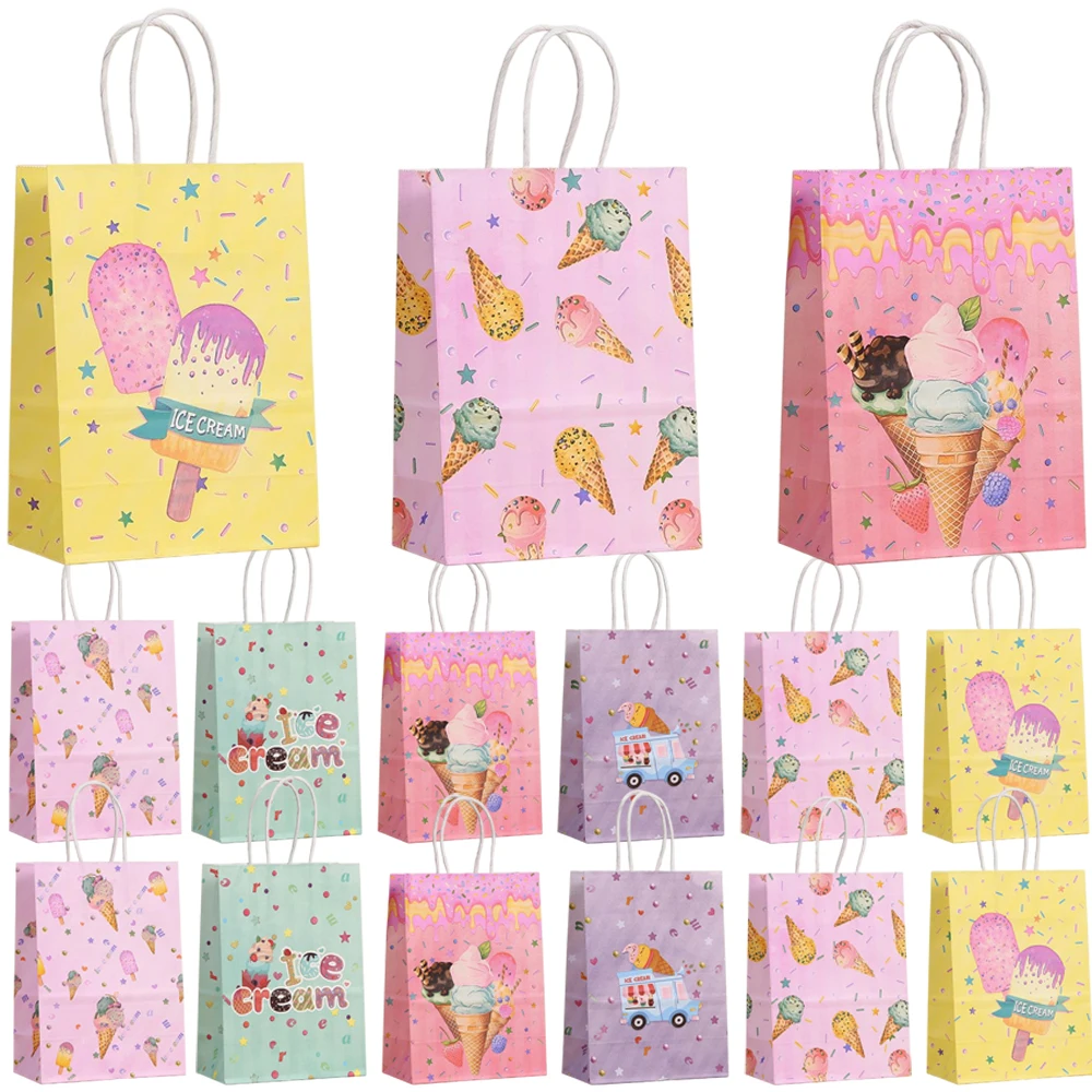 6/12/24pcs Ice Cream Party Gift Bags with Handles Summer Ice Cream Party Doughnut Candy Bags Birthday Baby Shower Party Supplies