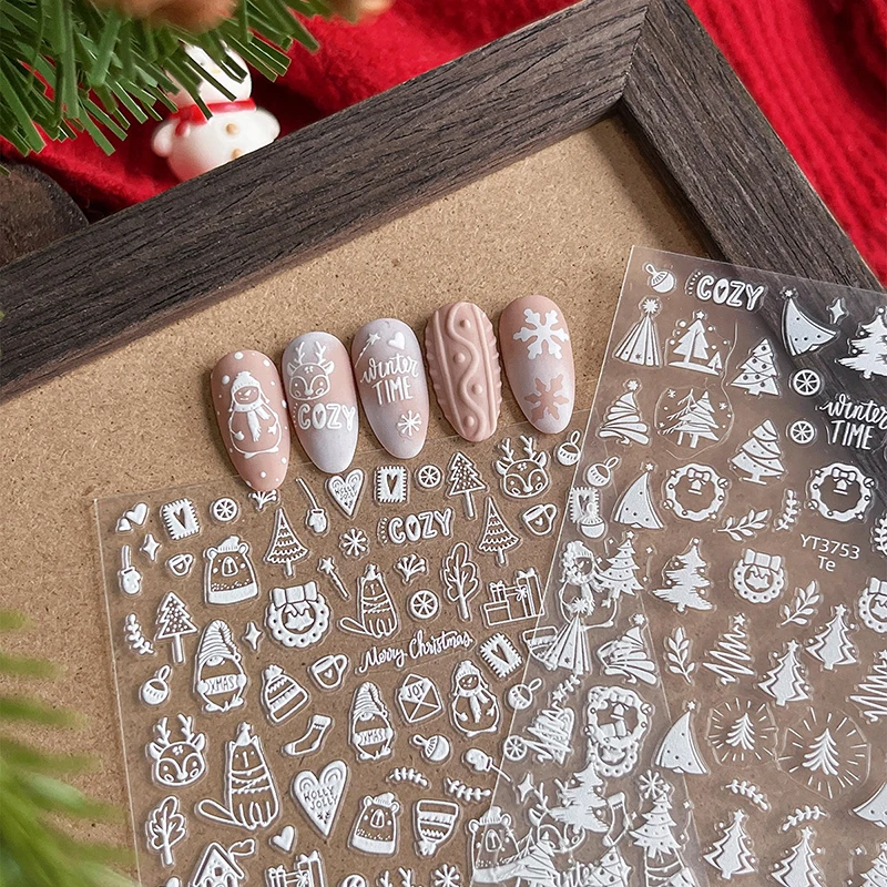 5D Relief Kerstboom Nail Art Stickers Shell Kleur Krans Boog Zelfklevende Nagelstickers DIY Manicure Decoraties