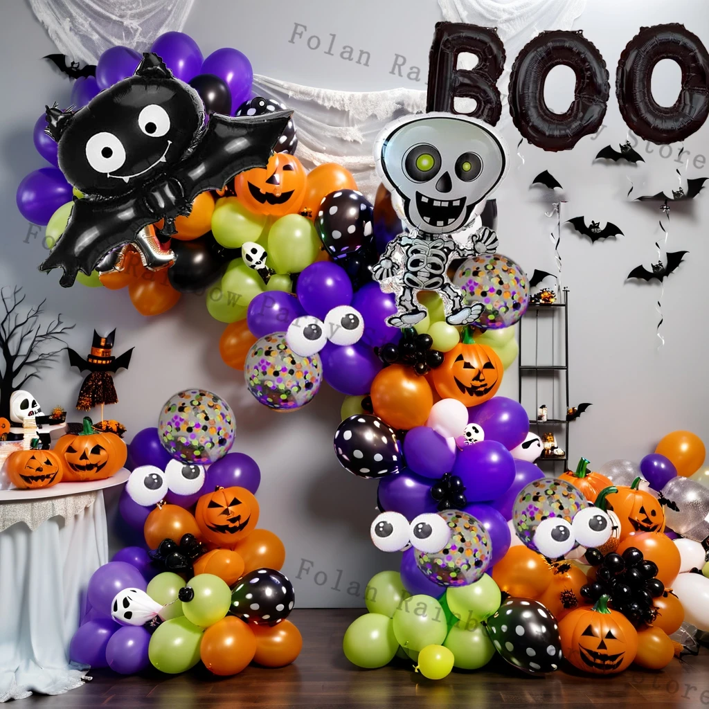 

107Pcs Halloween Balloon Garland Kit Pumpkin Foil Ballon Purple Orange Ballons Arch Kit 3D Scary Bat Halloween Dance Party Decor