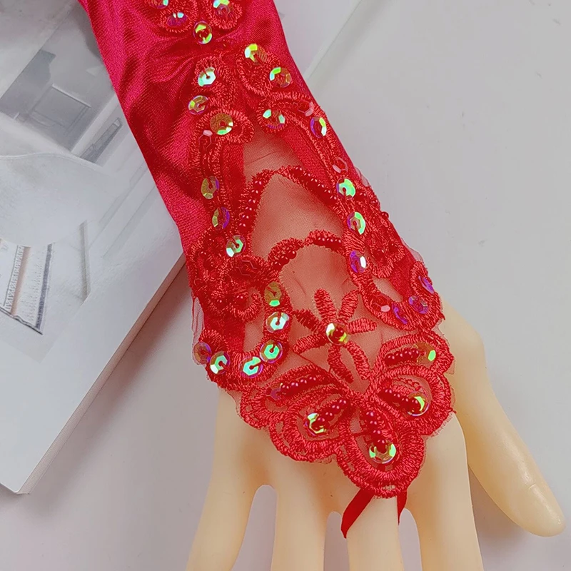 Bridal Wedding Dress Hook Finger Hollow Lace Sequins Bead Fingerless Gloves Women Satin Opera Stage Performance Etiquette Mitten