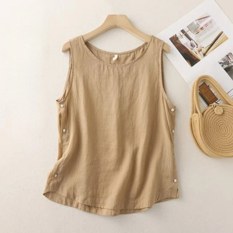 Casual Cotton Linen Vest Women's Summer Loose Simple Orange Tank Top O-Neck Side Button Design Solid Pullover Sleeveless T-shirt