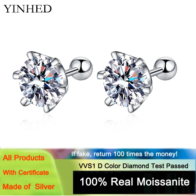 

YINHED Classci Six Prong 1CT Round Moissanite Earrings for Women Wedding Fine Jewelry with GRA S925 Sterling Sliver Stud Earring