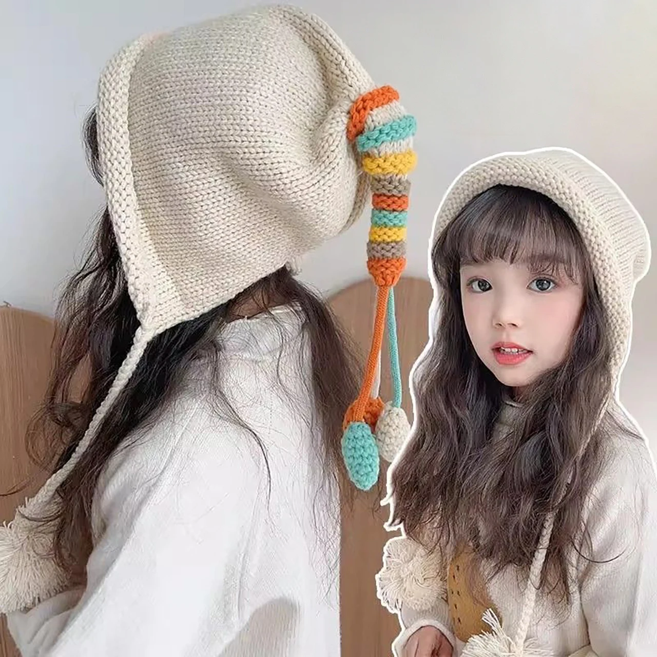 Rainbow Tail Children Ear Protection Hat Winter Warm Kids Woolen Hats Pompom Beanies 1-4Year Baby Pullover Cap Headgear Bonnet view 3